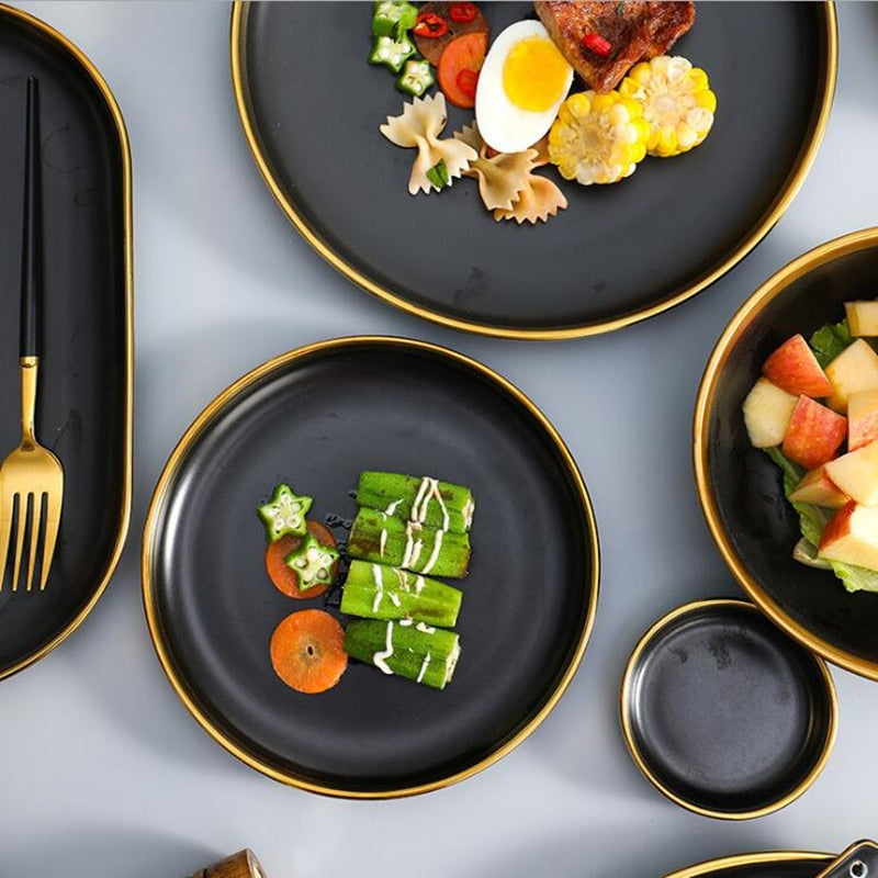 Gilt Rim Black Porcelain Dinner Set