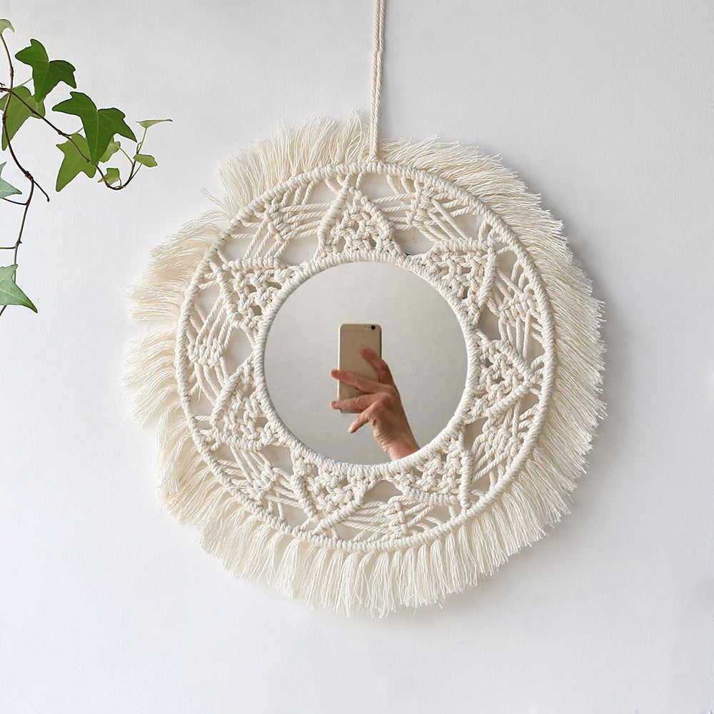 Hanging Wall Decorative Mirror With Macrame Fringe