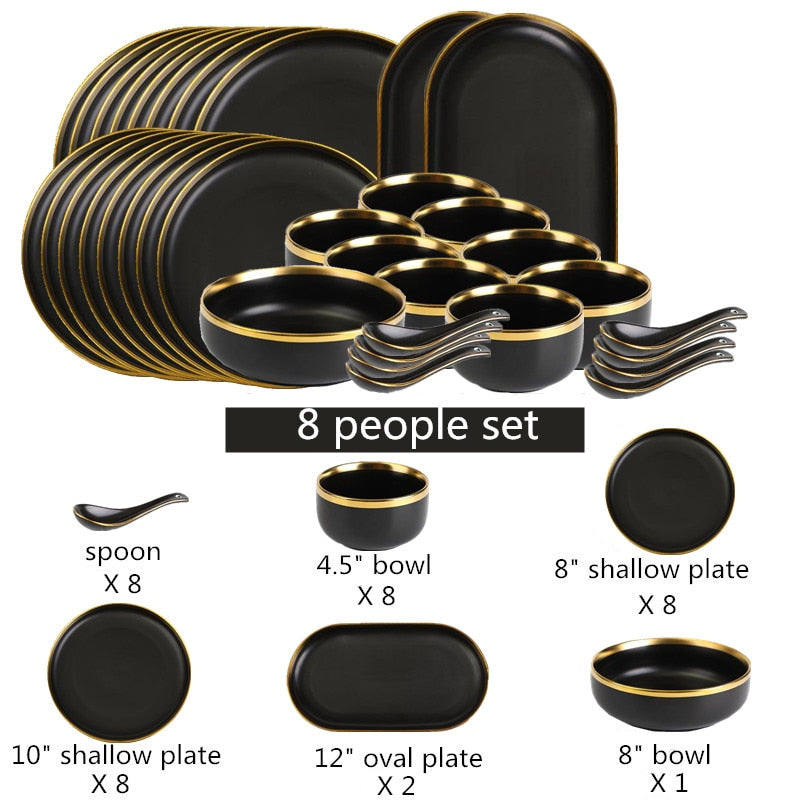 Gilt Rim Black Porcelain Dinner Set