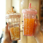 420ml Ins Bubble Tea Cup Glitter Tumbler with Straw