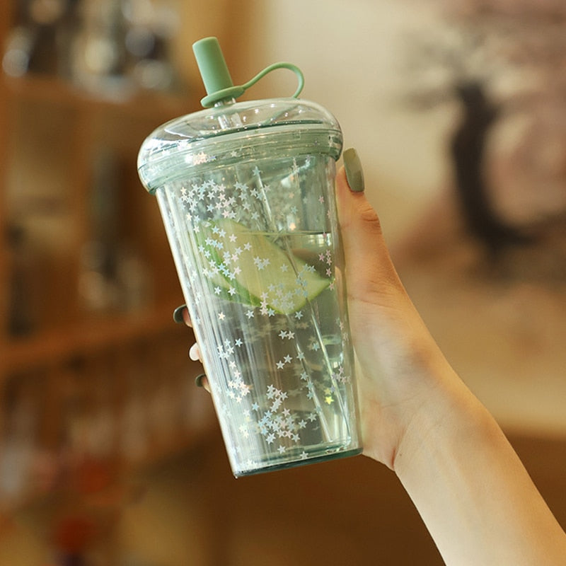 420ml Ins Bubble Tea Cup Glitter Tumbler with Straw