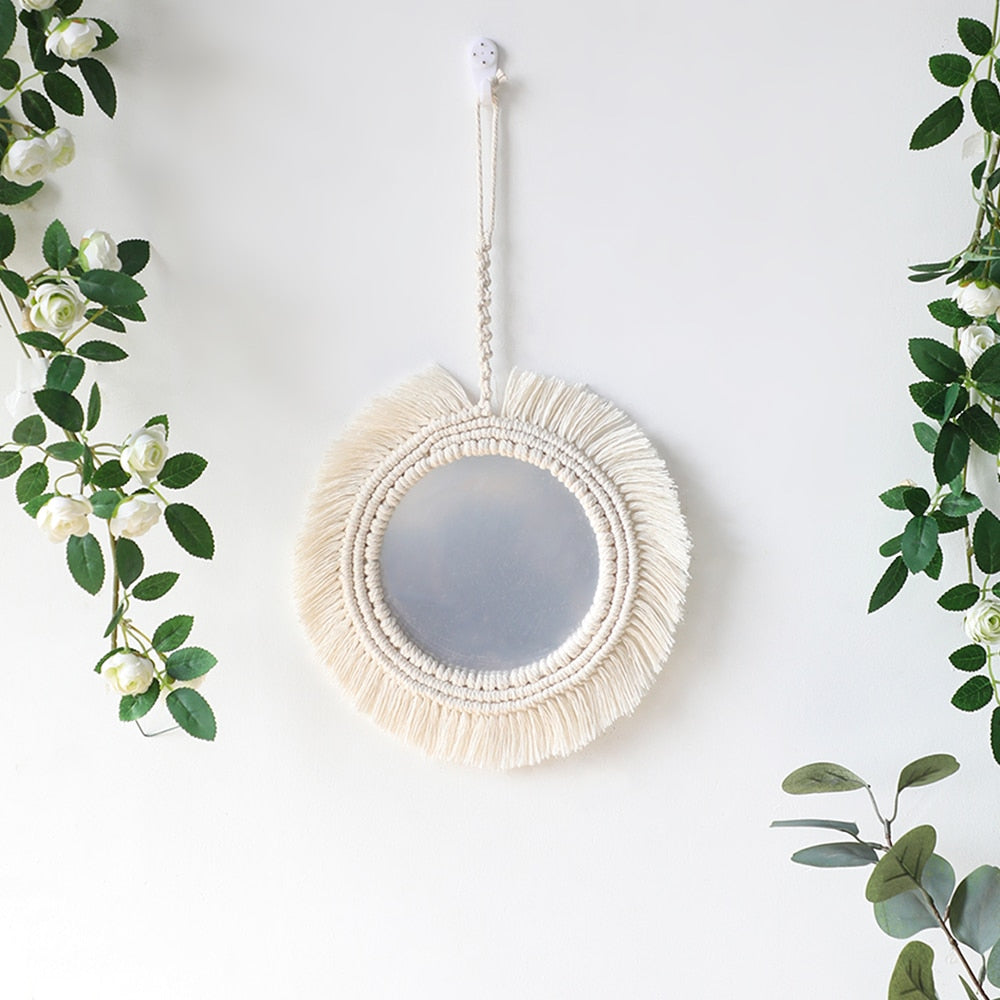 Hanging Wall Decorative Mirror With Macrame Fringe