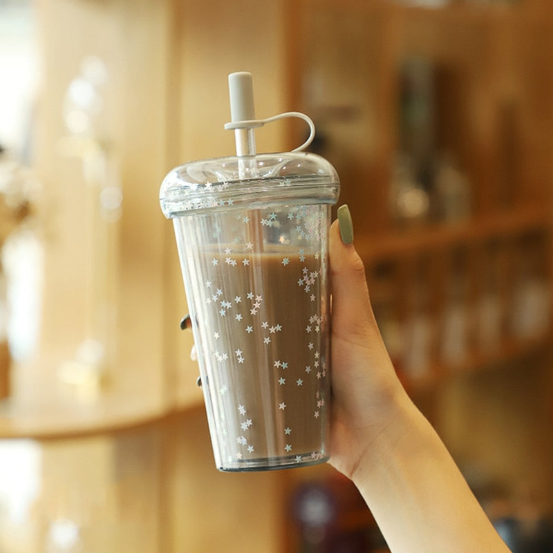 420ml Ins Bubble Tea Cup Glitter Tumbler with Straw