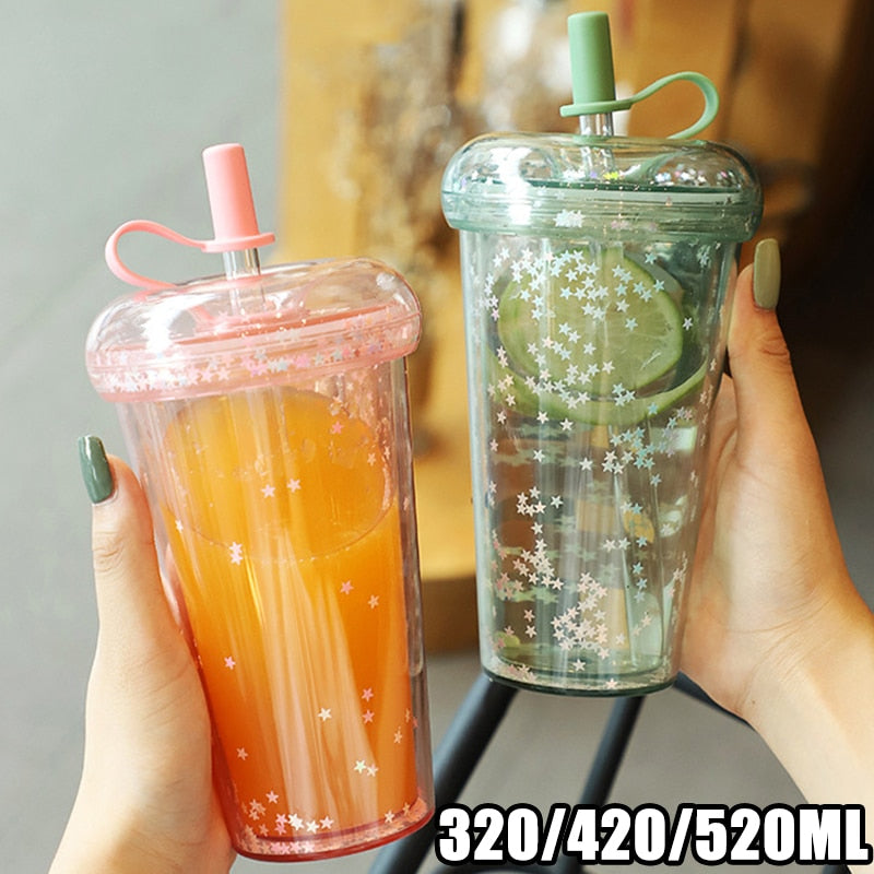 420ml Ins Bubble Tea Cup Glitter Tumbler with Straw